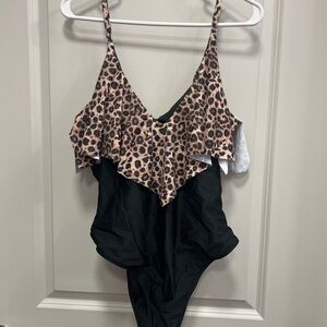 Leopard Print and Black One Piece Swimsuit Size XL